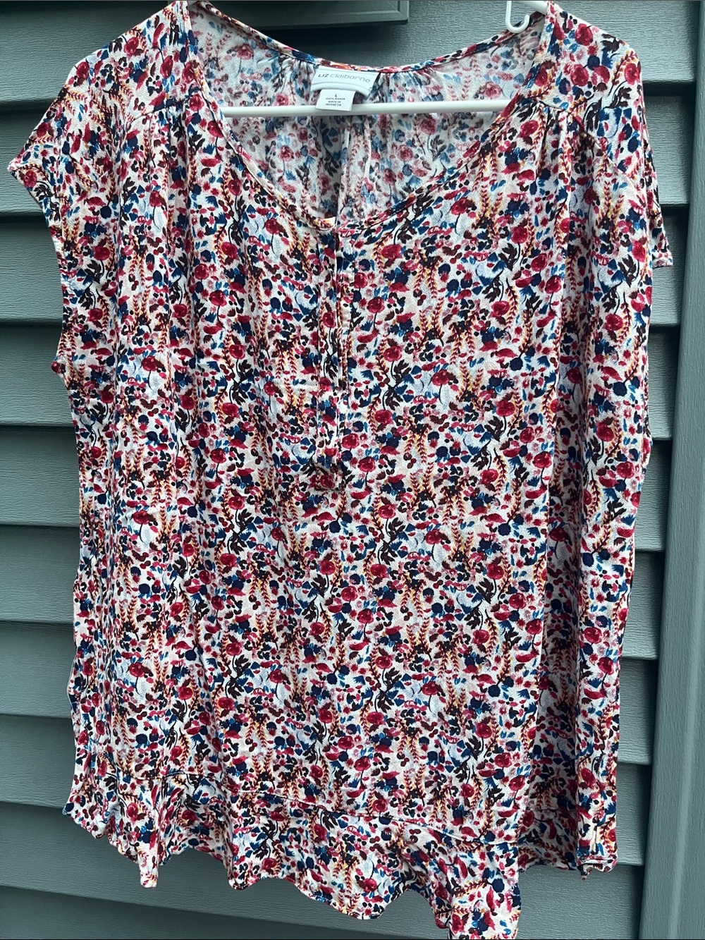 Liz Claiborne White Floral Print Cap-Sleeve Blouse